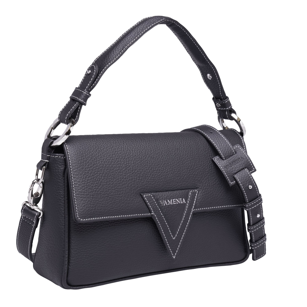 Schultertasche aus genarbtem Kalbsleder schwarz